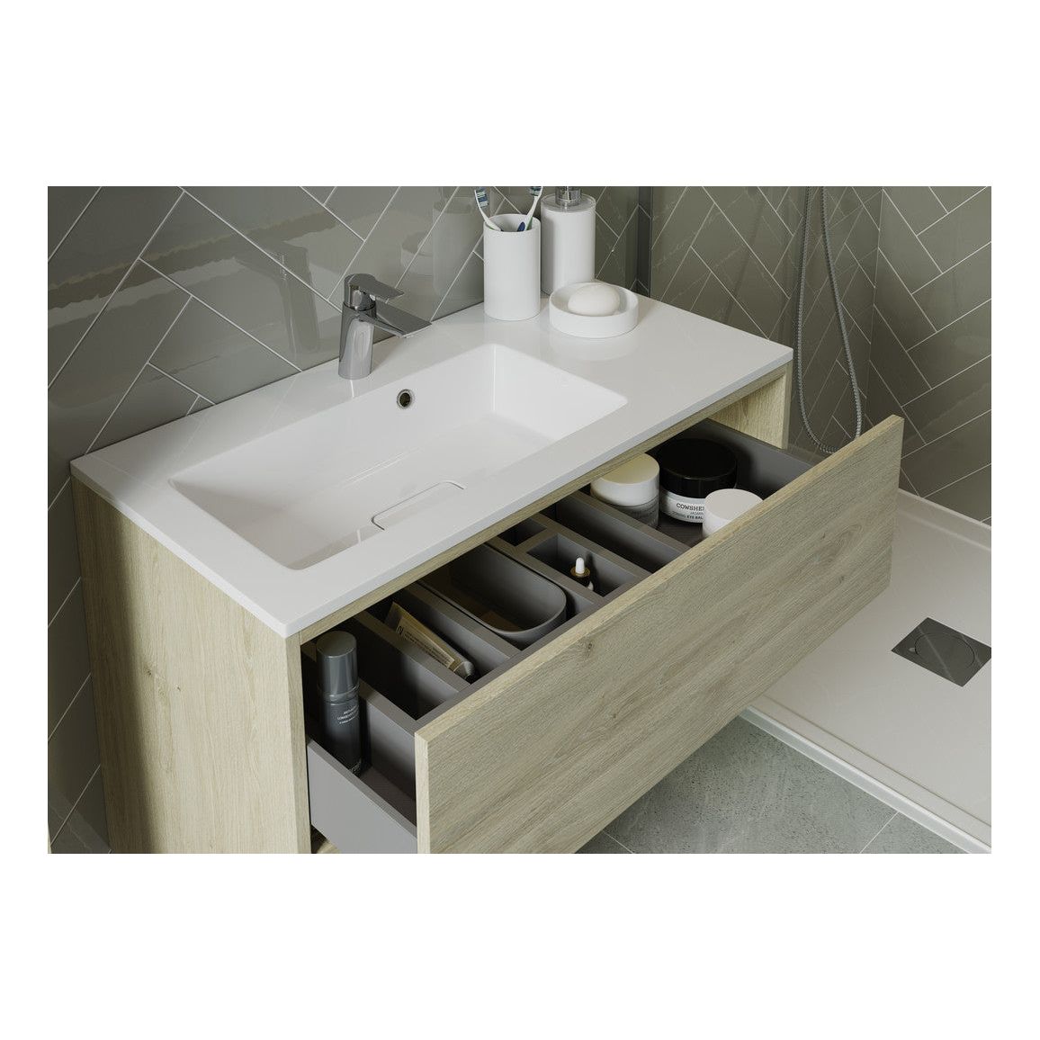 Mueble de lavabo suspendido Frontage de 900 mm con 2 cajones (sin parte superior) - Roble Habana