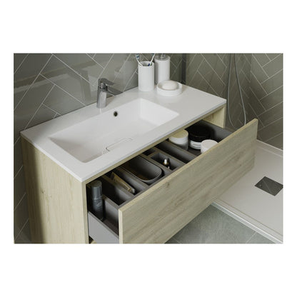 Frontage 600mm 2 Drawer Wall Hung Basin Unit Inc. Basin - Havana Oak