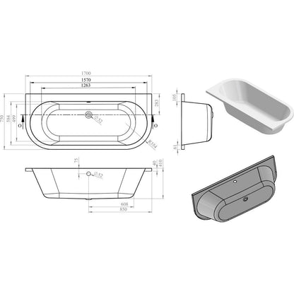 Gaia Back To Wall SUPERCAST 1700x750x600mm 0TH Bath w/Legs