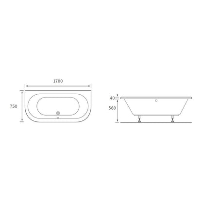 Gaia Back To Wall 1700x750x600mm 0TH Bath w/Legs