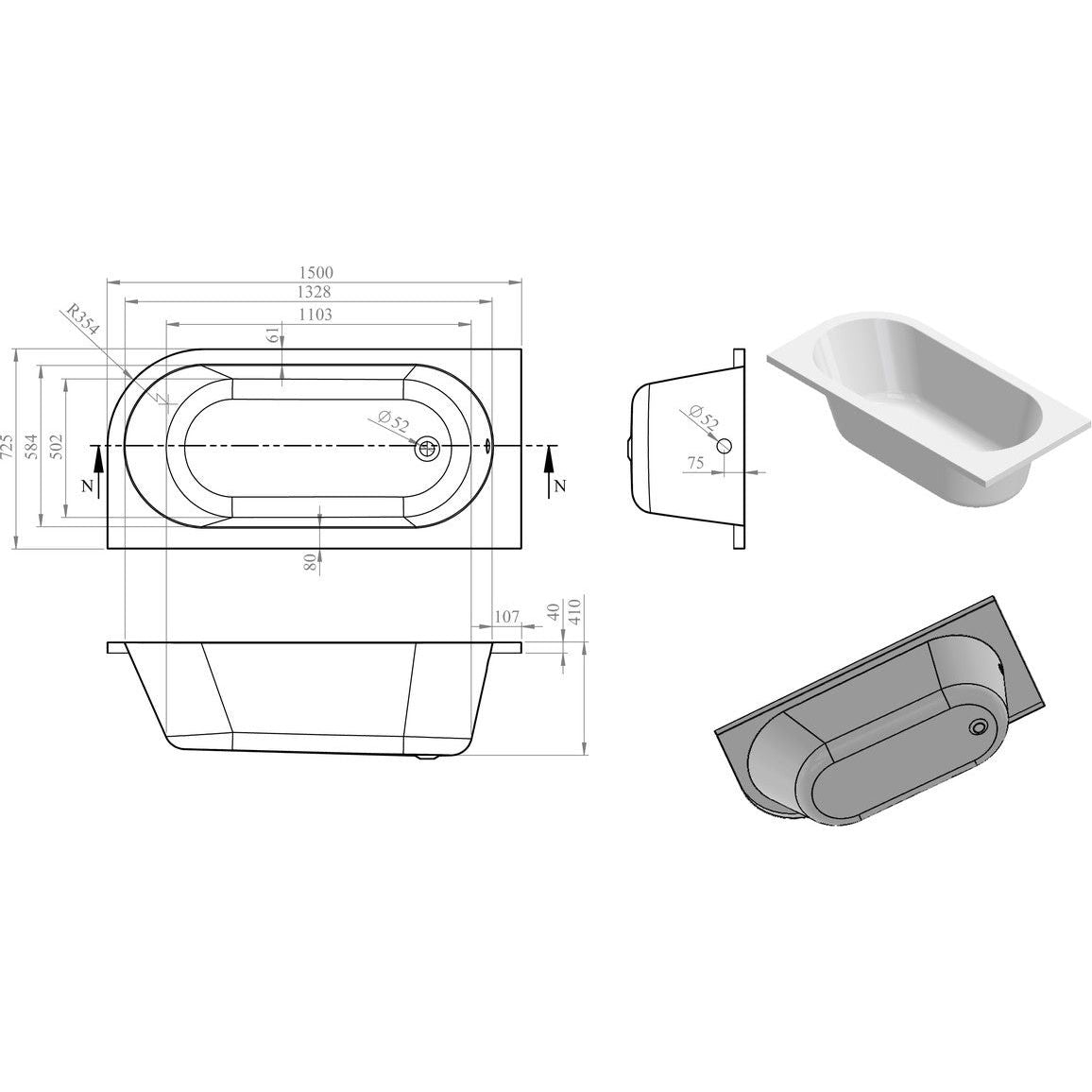 Wuye J Shape 1500x725x600mm 0TH Baño con Patas (LH)