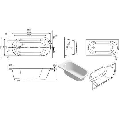 Wuye J Shape 1500x725x600mm 0TH Bañera con patas (RH)