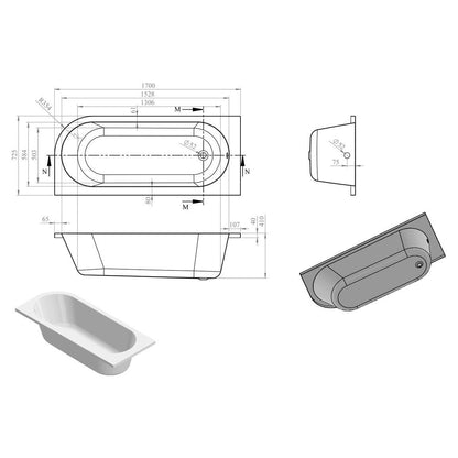 Wuye J Shape 1700x725x600mm 0TH Bath w/Legs (LH)