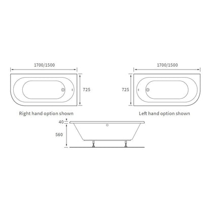 Wuye J Shape 1700x725x600mm 0TH Bath w/Legs (LH)