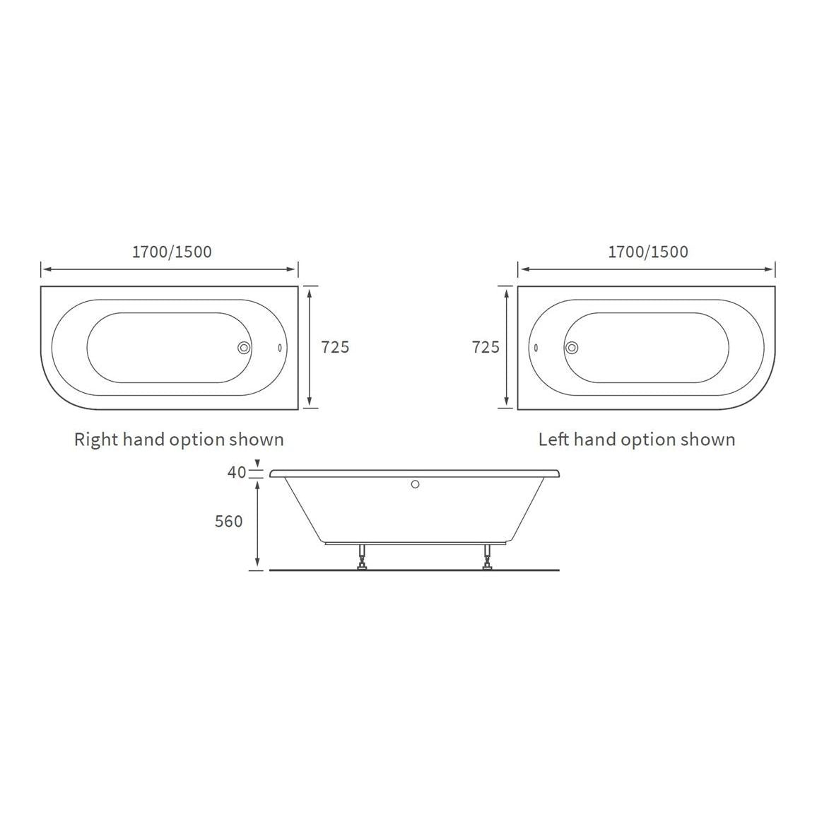 Wuye J Shape 1500x725x600mm 0TH Bath w/Legs (LH)