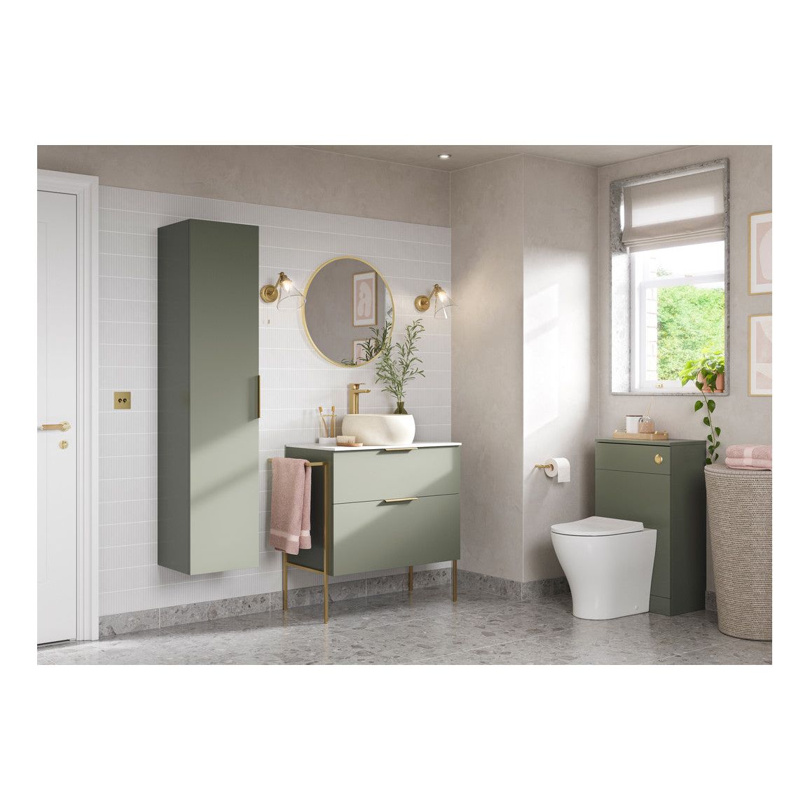 Glen 815mm Wall Hung 2 Drawer Basin Unit & Basin - Matt Olive Green