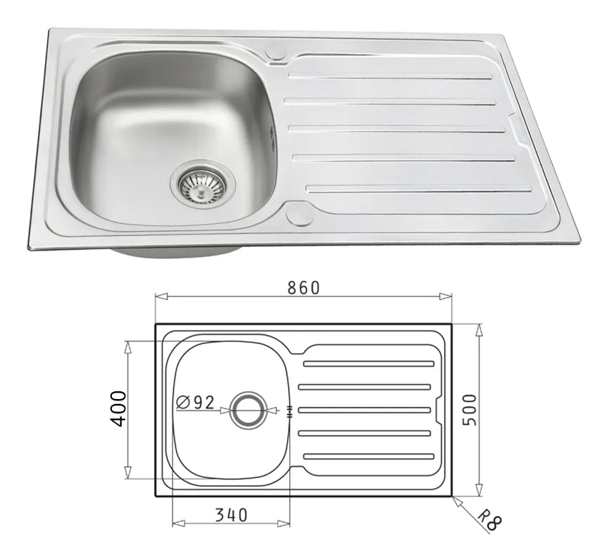 Pyramis Vera S/S  Bowl Sink + Tap 860x500 Single