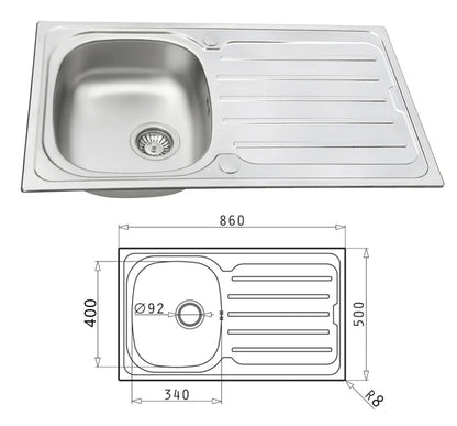 Pyramis Vera S/S  Bowl Sink + Tap 860x500 Single