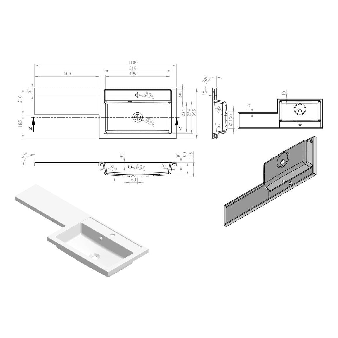 Grove 1100mm Floor Standing L-Shape Pack & Basin (RH) - White Gloss