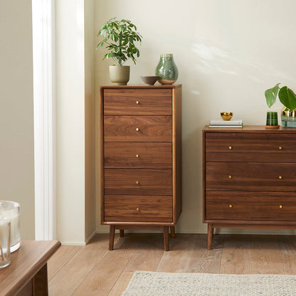 Wright Walnut Tallboy Chest of 5 Drawers