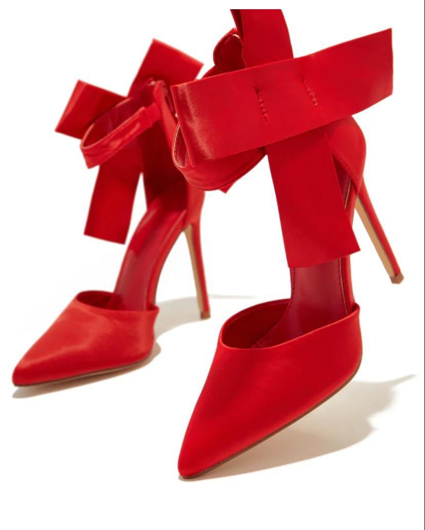 Premier Red Flock High Heel Shoe With  Red Bow