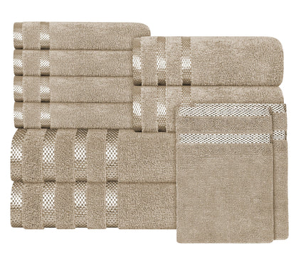 Belmont Viscose Stripe Beige Towels 100% Cotton Hotel Quality Super Absorbent 10 Piece Bale Set, 4 Hand Towel & 12 Face Cloths by OLIVIA ROCCO