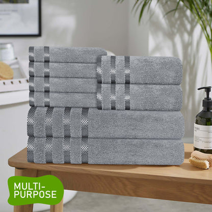 Belmont Viscose Stripe Silver Towels 100% Cotton Hotel Quality Super Absorbent 10 Piece Bale Set, 4 Hand Towel & 12 Face Cloths by OLIVIA ROCCO