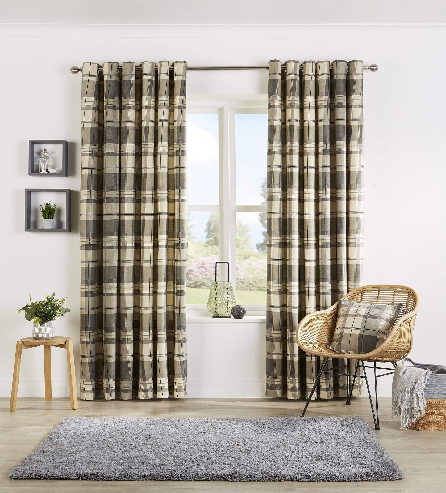 Check Pattern Curtains with Matching Cushion Covers Premium Polyester Cotton Blend Eyelet Ring Top Ochre Grey Various Sizes for Bedrooms and Living Rooms by OLIVIA ROCCO