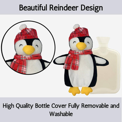 Christmas Hot Water Bottle with Festive Penguin Cover 1L Natural Rubber UK Safe Tested Winter Ideal Gift for Adults Kids by OLIVIA ROCCO
