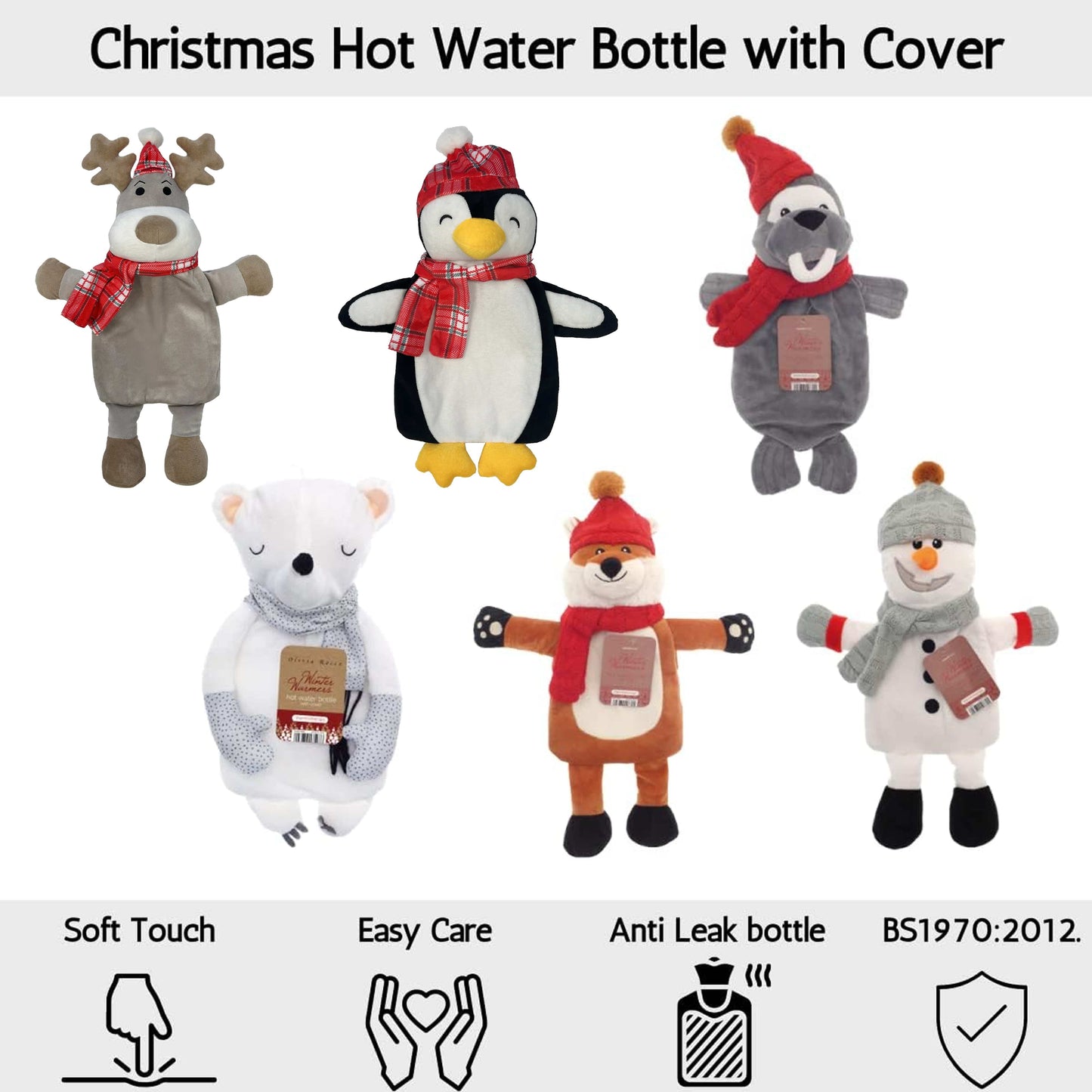 Christmas Hot Water Bottle with Festive Penguin Cover 1L Natural Rubber UK Safe Tested Winter Ideal Gift for Adults Kids by OLIVIA ROCCO