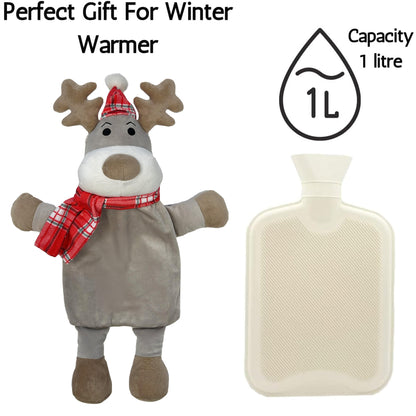 Christmas Hot Water Bottle with Festive Reindeer Cover 1L Natural Rubber UK Safe Tested Ideal Gift for Adults Kids by OLIVIA ROCCO