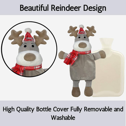 Christmas Hot Water Bottle with Festive Reindeer Cover 1L Natural Rubber UK Safe Tested Ideal Gift for Adults Kids by OLIVIA ROCCO