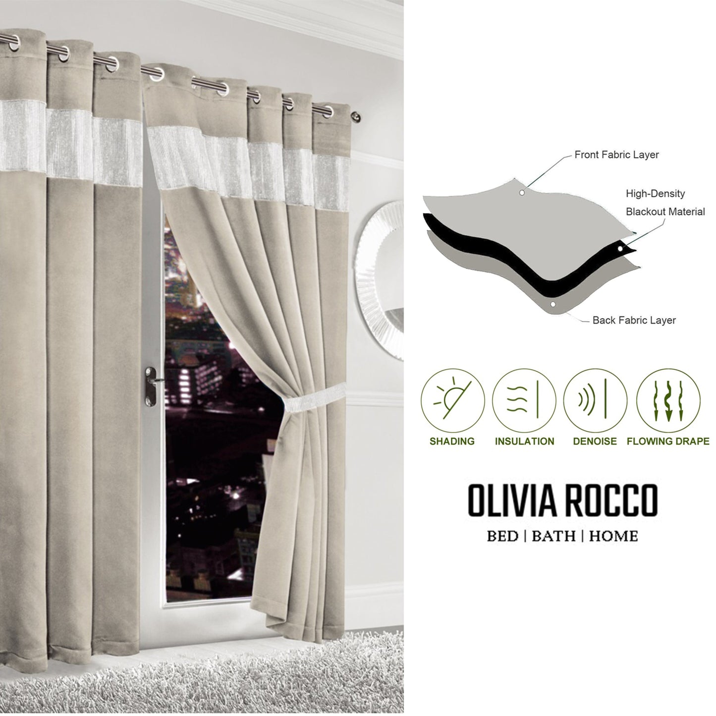 Diamante Natural Blackout Eyelet Curtains with Tie Backs Thermal Ring Top Window Dressings by OLIVIA ROCCO
