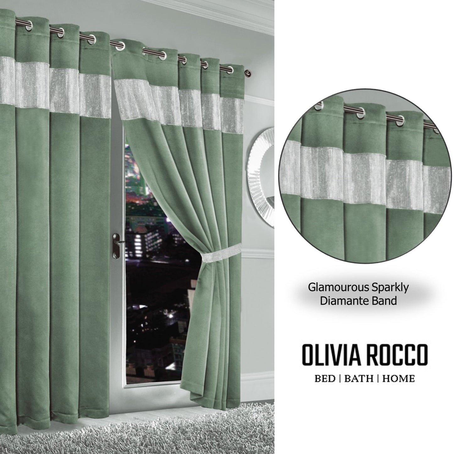 Diamante Sage Green Blackout Eyelet Curtains with Tie Backs Blackout Thermal Ring Top Window Dressings by OLIVIA ROCCO
