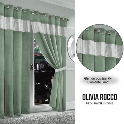 Diamante Sage Green Blackout Eyelet Curtains with Tie Backs Blackout Thermal Ring Top Window Dressings by OLIVIA ROCCO