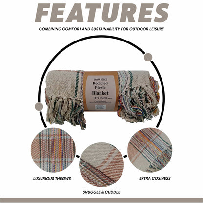 Eco-Friendly Recycled Cotton Picnic Blanket Check Stripe Design Super Soft Cozy Foldable and Packable for Beach Park Camping 130 x 150 cm by OLIVIA ROCCO