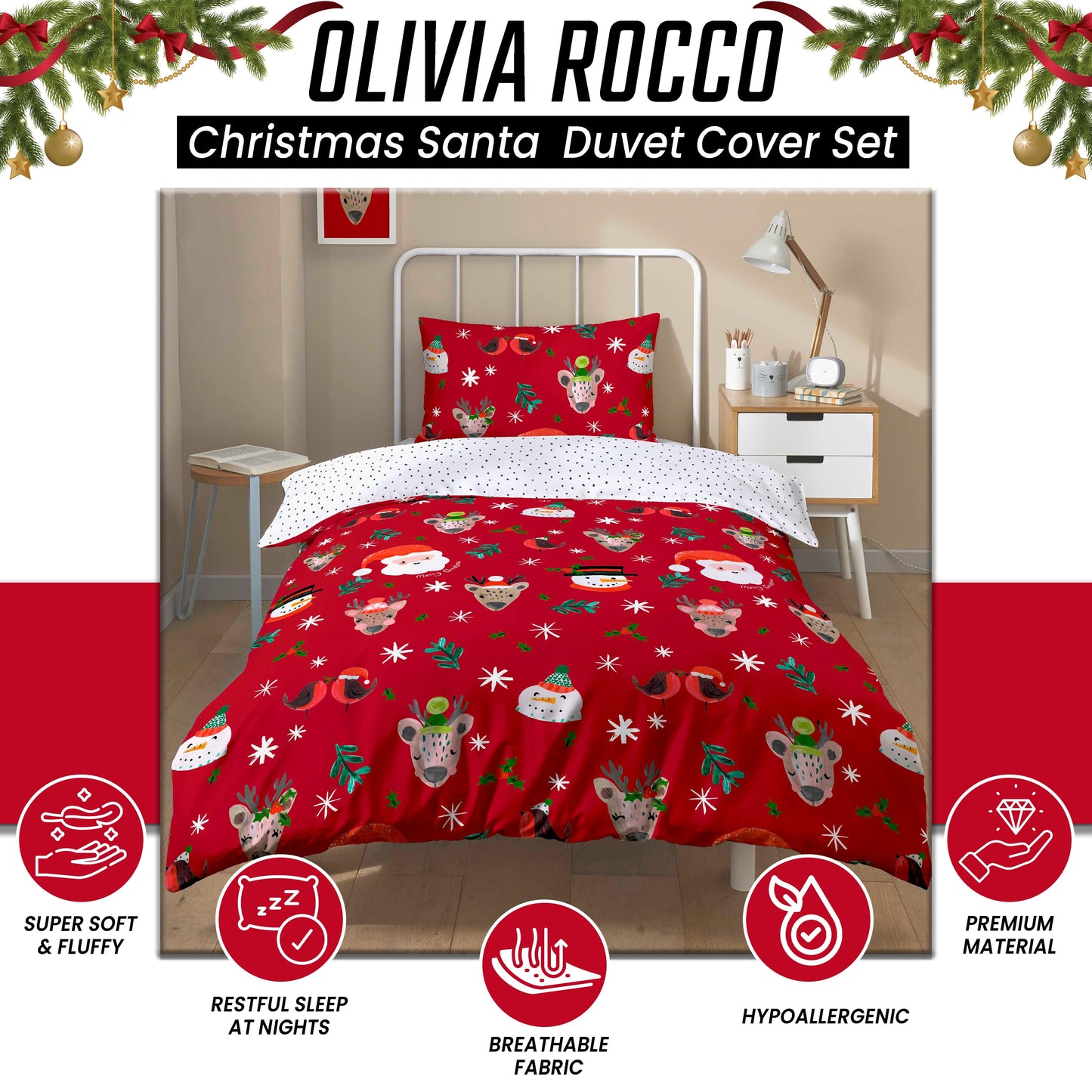 Festive Holiday Santa Duvet Cover Set with Pillowcases Reversible Xmas Design OEKO-TEX Certified Cosy Winter Bedding by OLIVIA ROCCO