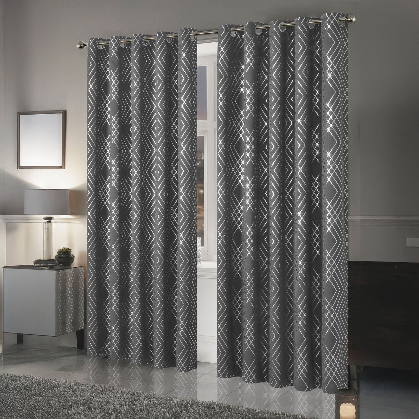 Geometric Silver Sparkle Blackout Curtains Soft Thermal Insulated Eyelet Ring Top Living Room & Bedroom Drapes by OLIVIA ROCCO