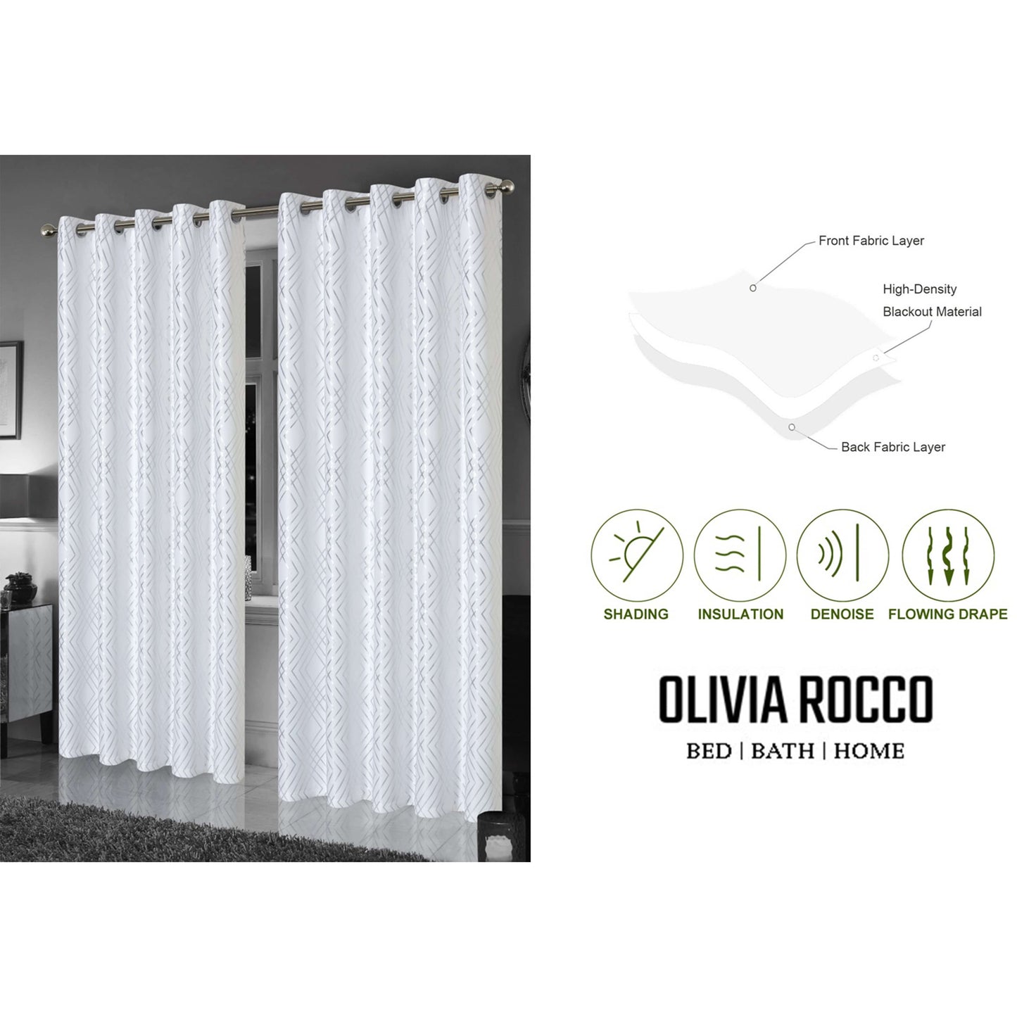 Geometric White Sparkle Blackout Curtains Soft Thermal Insulated Eyelet Ring Top Living Room & Bedroom Drapes by OLIVIA ROCCO