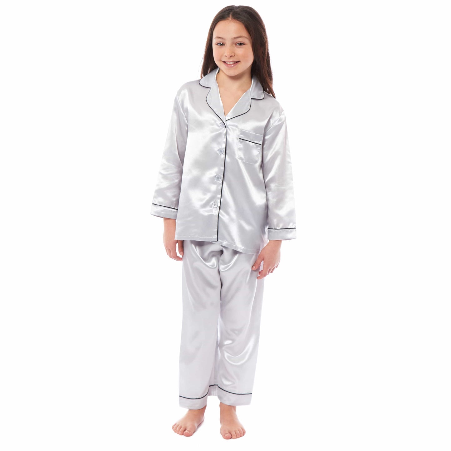 Girls Satin Silk Long Sleeve Pyjama Set Elegant Loungewear Cosy Nightwear Button-Down Shirt Loose-Fit Pants Black Pink Grey Sizes 5-14 by Daisy Dreamer