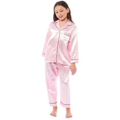 Girls Satin Silk Long Sleeve Pyjama Set Elegant Loungewear Cosy Nightwear Button-Down Shirt Loose-Fit Pants Black Pink Grey Sizes 5-14 by Daisy Dreamer