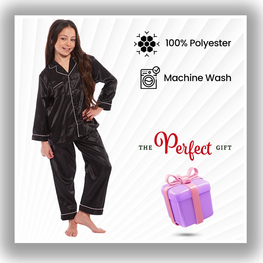Girls Satin Silk Long Sleeve Pyjama Set Elegant Loungewear Cosy Nightwear Button-Down Shirt Loose-Fit Pants Black Pink Grey Sizes 5-14 by Daisy Dreamer