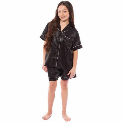 Girls Satin Silk Short Pyjama Set Button-Down Shirt and Loose-Fitting Pants Loungewear Nightwear for Ages 5-14 Black Pink Grey by Daisy Dreamer