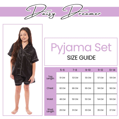 Girls Satin Silk Short Pyjama Set Button-Down Shirt and Loose-Fitting Pants Loungewear Nightwear for Ages 5-14 Black Pink Grey by Daisy Dreamer
