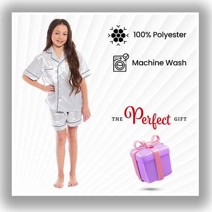 Girls Satin Silk Short Pyjama Set Button-Down Shirt and Loose-Fitting Pants Loungewear Nightwear for Ages 5-14 Black Pink Grey by Daisy Dreamer