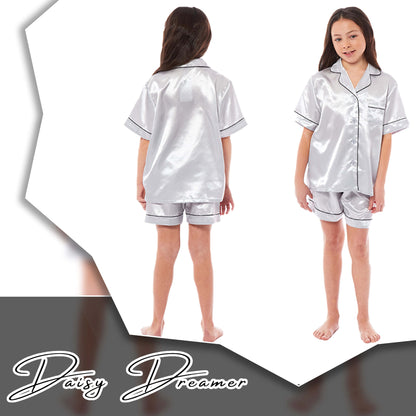 Girls Satin Silk Short Pyjama Set Button-Down Shirt and Loose-Fitting Pants Loungewear Nightwear for Ages 5-14 Black Pink Grey by Daisy Dreamer