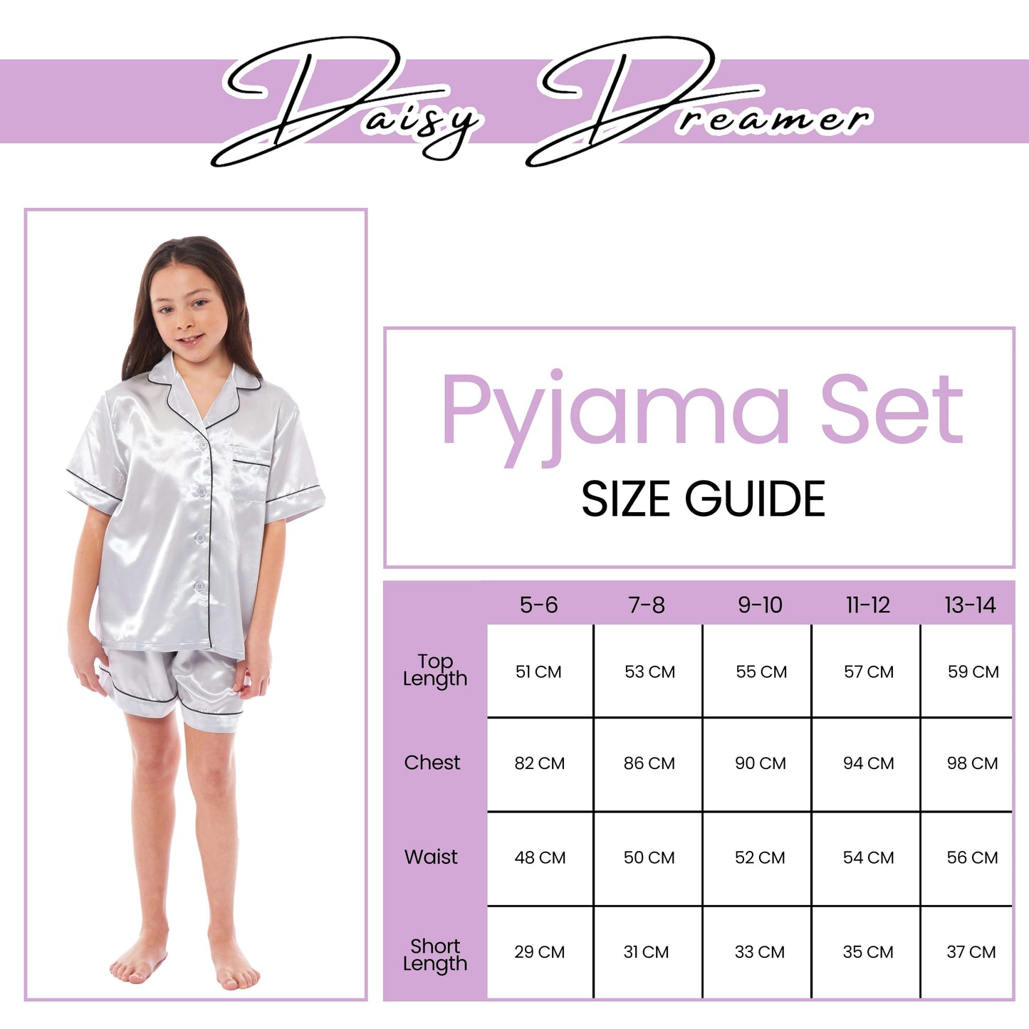 Girls Satin Silk Short Pyjama Set Button-Down Shirt and Loose-Fitting Pants Loungewear Nightwear for Ages 5-14 Black Pink Grey by Daisy Dreamer