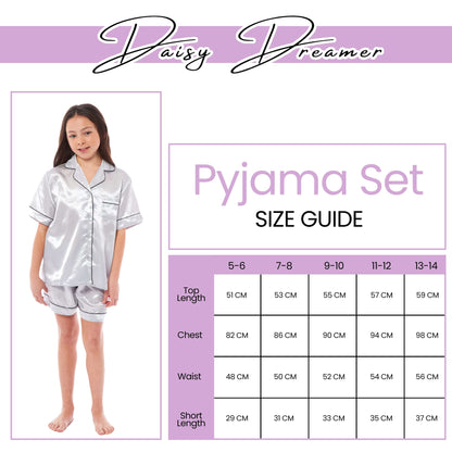 Girls Satin Silk Short Pyjama Set Button-Down Shirt and Loose-Fitting Pants Loungewear Nightwear for Ages 5-14 Black Pink Grey by Daisy Dreamer