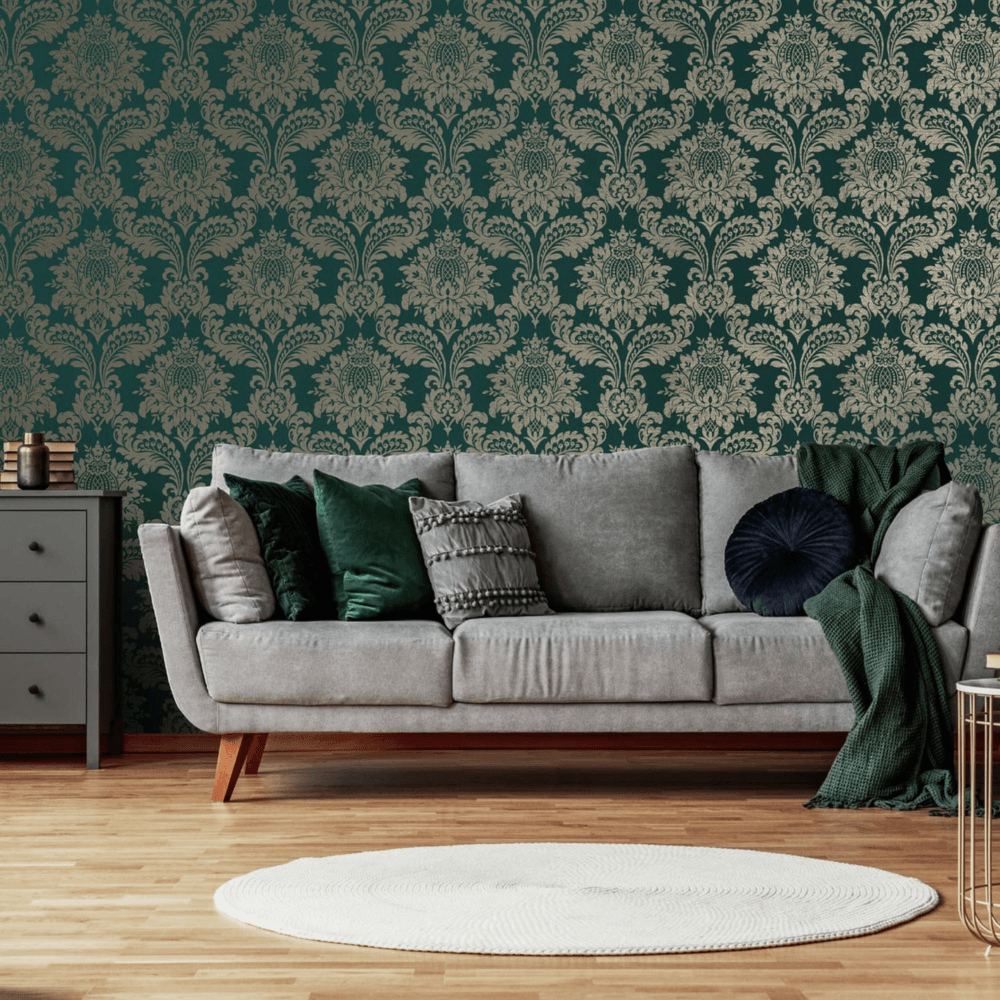 Graham & Brown Archive Damask Teal & Gold Wallpaper (119969)