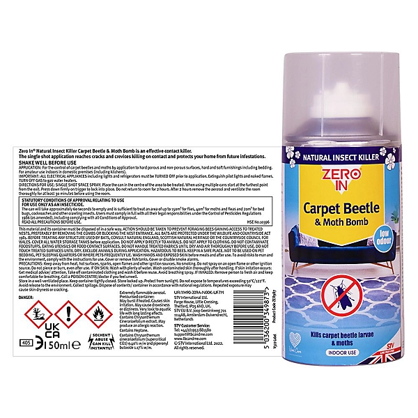 Zero In Carpet Beetle & Moth Bomb – 150ML Aerosol