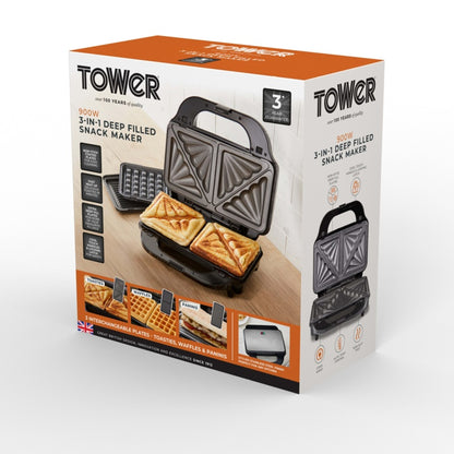 Tower 3-in-1 Deep Fill Sandwich Maker – 900W