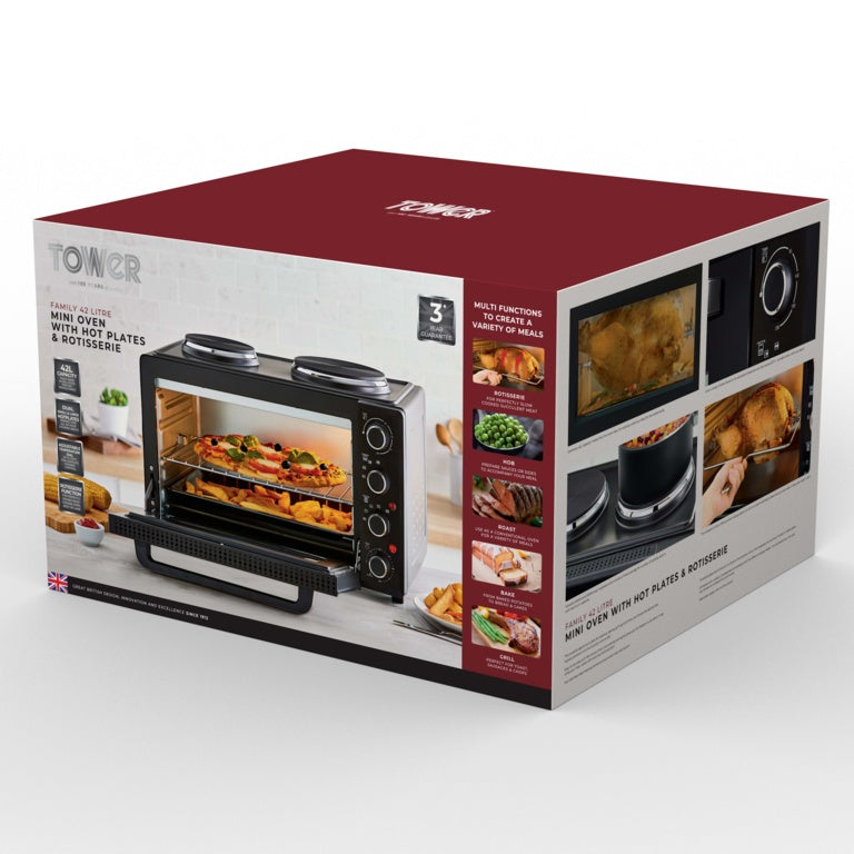 Tower Black Mini Oven With Hot Plates – 42L