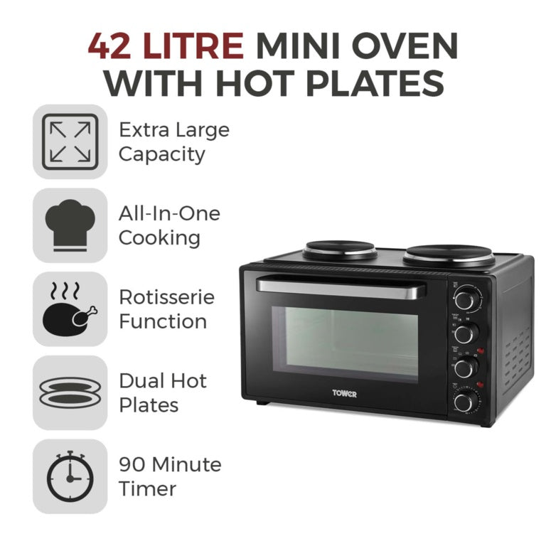 Tower Black Mini Oven With Hot Plates – 42L