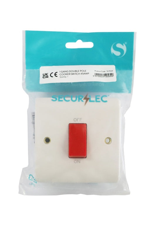 Securlec 1 Gang Double Pole Cooker Switch 45AMP - Square