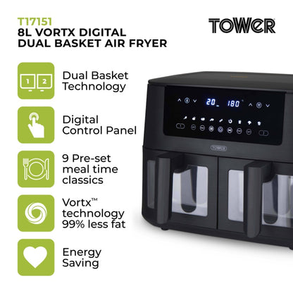 Tower Black Vortx Vizion Dual Basket Air Fryer – 8L