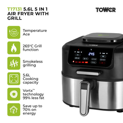 Tower Vortx Smokeless Grill 5.6L Stainless Steel & Black