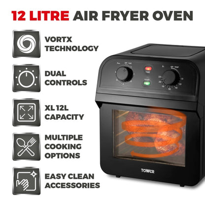 Tower Vortx Manual Black Air Fryer Oven 12L