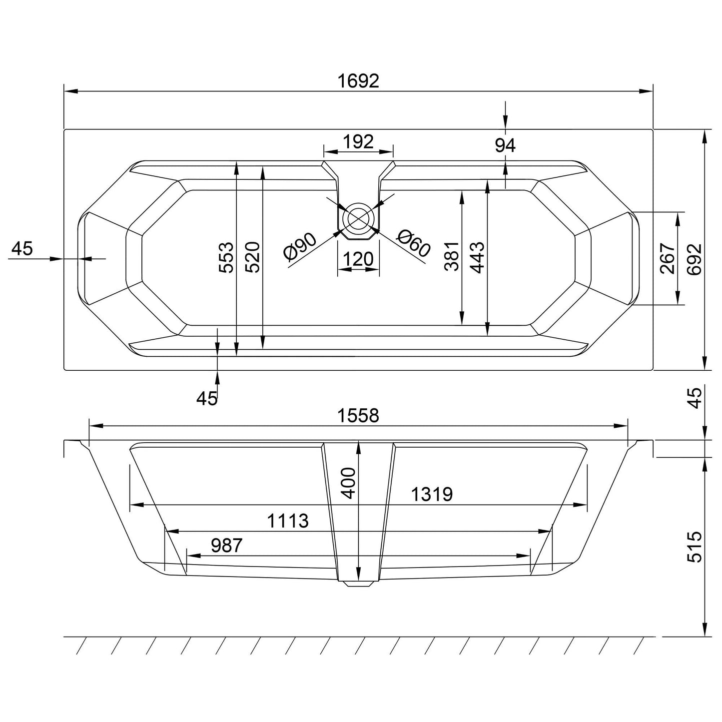 Astlea Duo 1700x700 Bath with Legs