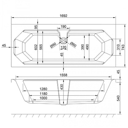 Astlea Duo 1700x750 Bath with Legs