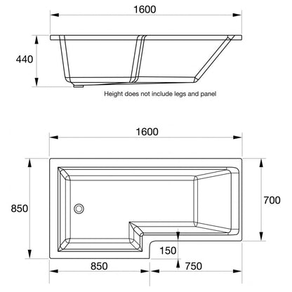 Elite 1600mm L Shaped Bath L/H With Legs